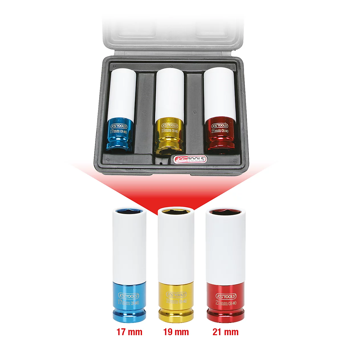 Drei farbige Radmutternschlüssel in einer schwarzen Box. Unterhalb die Schlüssel einzeln mit Größenangabe.